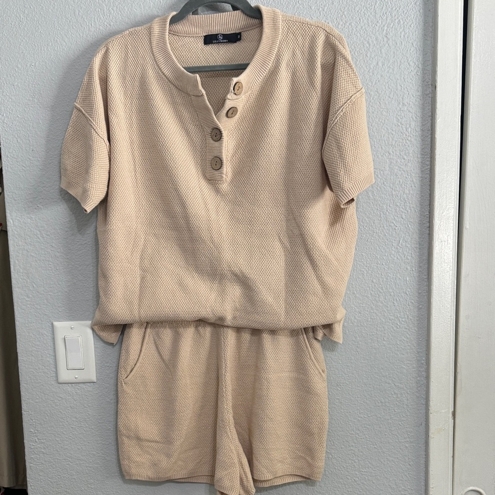 Beige Button-Up Short Sleeve and Shorts Set